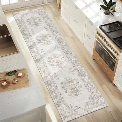Vintage Floral Distressed Design Non-Slip Low-Pile Soft Thin Faux Wool Area Rug