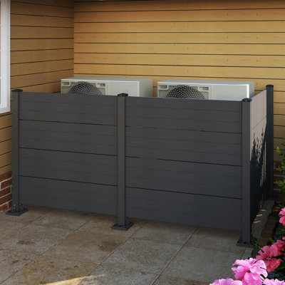 Écran d'intimité extérieur l 50 po x H 49 po, clôture de climatiseur, écrans d'intimité en vinyle toutes saisons avec poteaux en aluminium, 3 panneaux, gris foncé