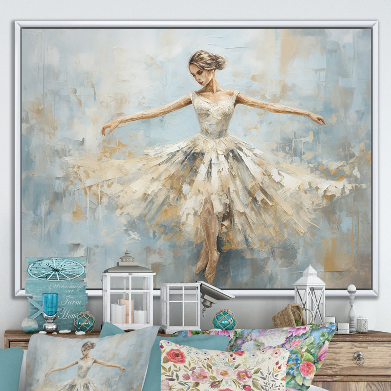 Beige doré minimalisme ballerine - ballet, art mural, H 24 po x l 32 po x P 1 po, Cadre flottant blanc