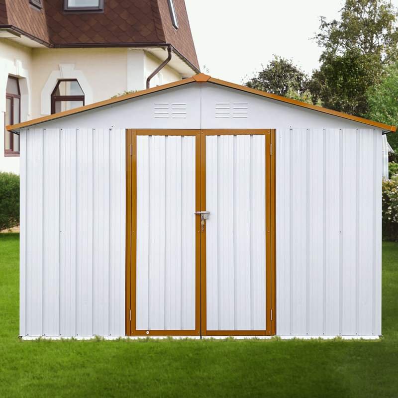 Remises de jardin en métal avec portes doubles, Blanc/naturel