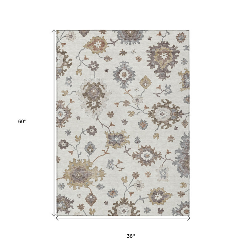 Tapis extérieur lavable floral gris ivoire et taupe 3 pi x 5 pi