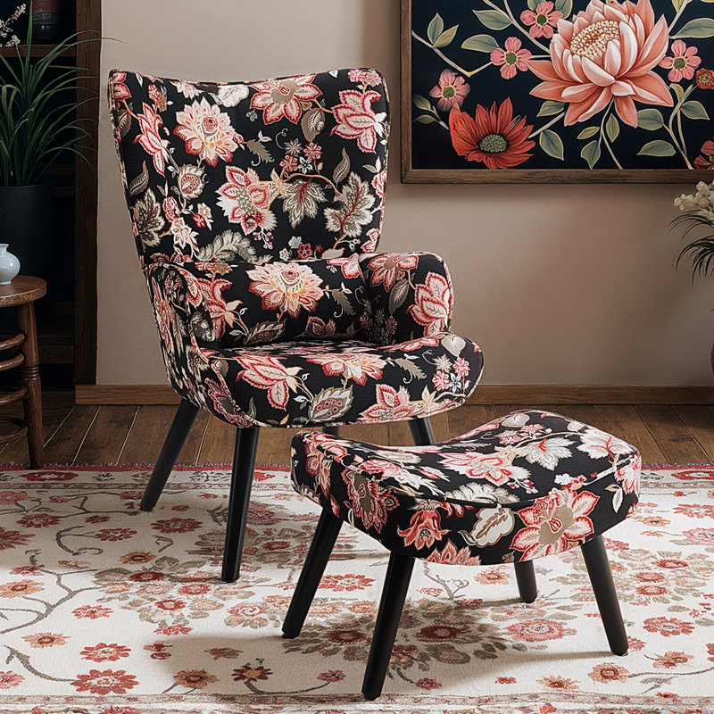 Kade Upholstered Armchair with Footstool, Black/Red Floral
