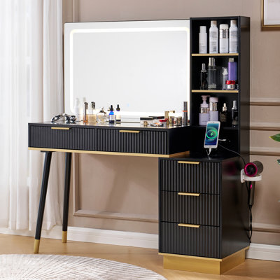 Grand meuble-lavabo avec tiroirs et lumière réglable Lilliani, noir