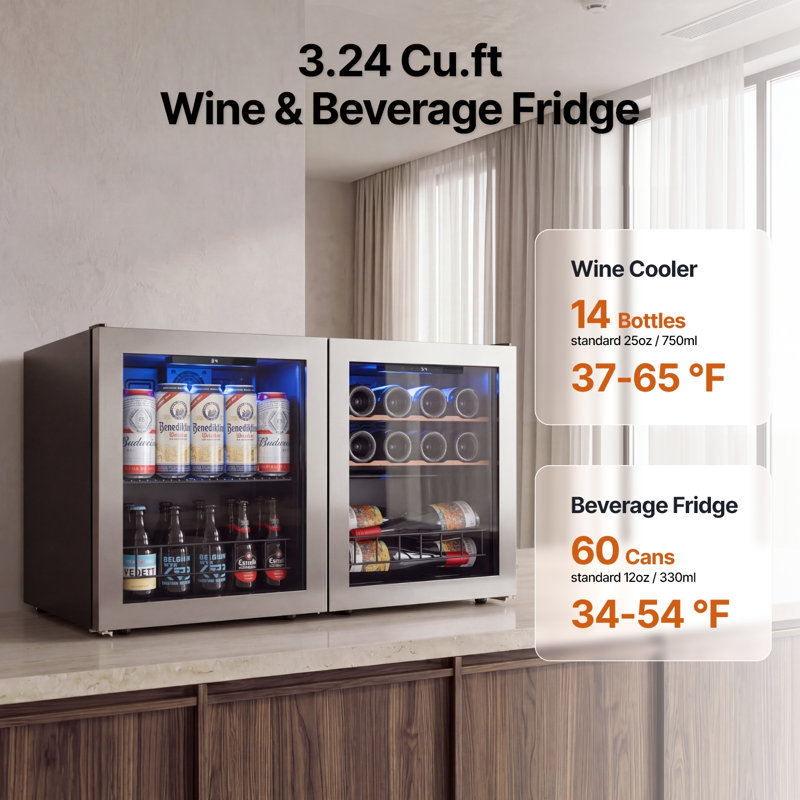 34 in Freestanding Wine and Beverage Refrigerator Set with Dual Reversible Doors, 14-Bottle Wine Cooler and 1.63 Cu. Ft. Beverage Cooler with Interior LED Lighting