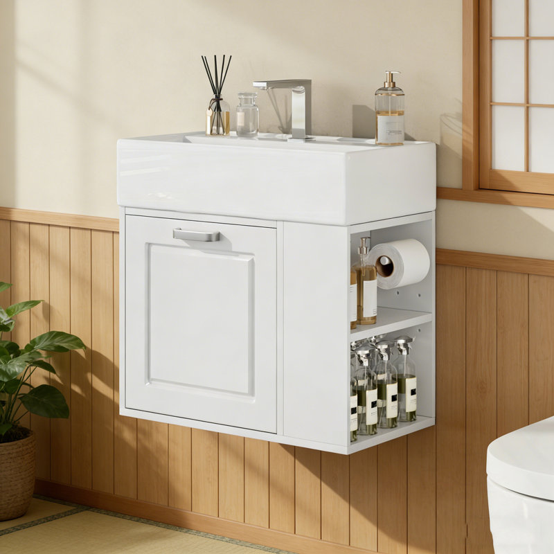 Armoire murale flottante avec un grand tiroir et une tablette réglable, Blanc