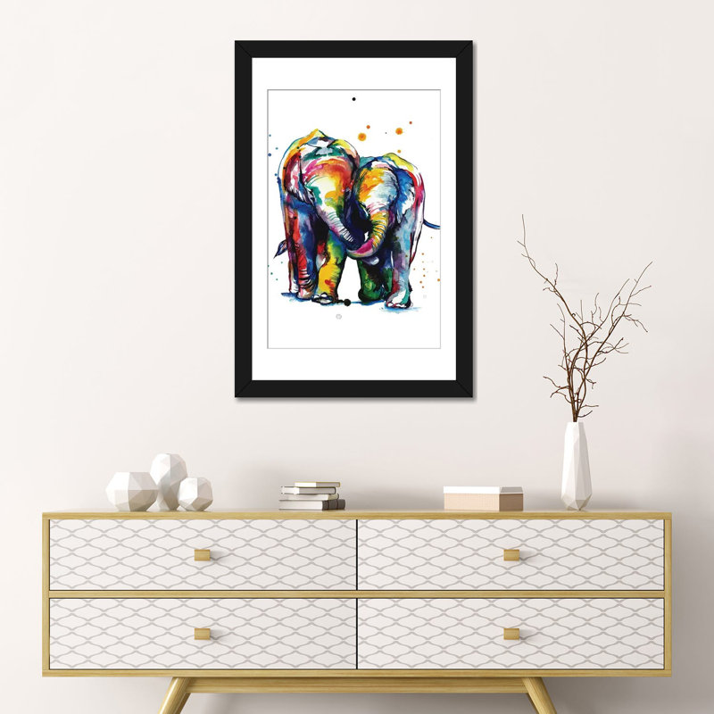 « éléphants », impression sur toile tendue, Papier d'art encadré noir, Blanc, H 32 po x l 24 po x P 1 po