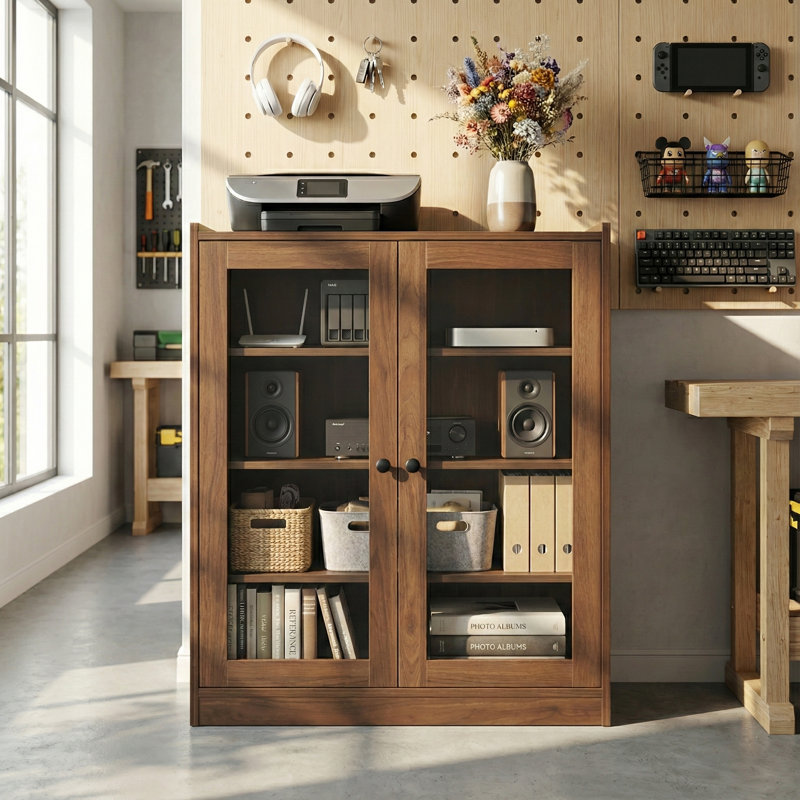 Audio Stereo Cabinet With Glass Doors, 35.4" Tall AV Component Media Stand, Record Player Stand With Adjustable Shelves & Cable Management, Brown