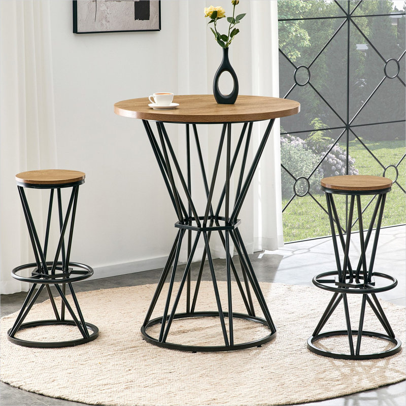 Ensemble de table et chaises de bar 3 pièces, plateau de table rond en panneau de fibres à densité moyenne de 31,5 pouces avec cadre en métal noir profond, sièges 2, ensemble de comptoir de cuisine industriel