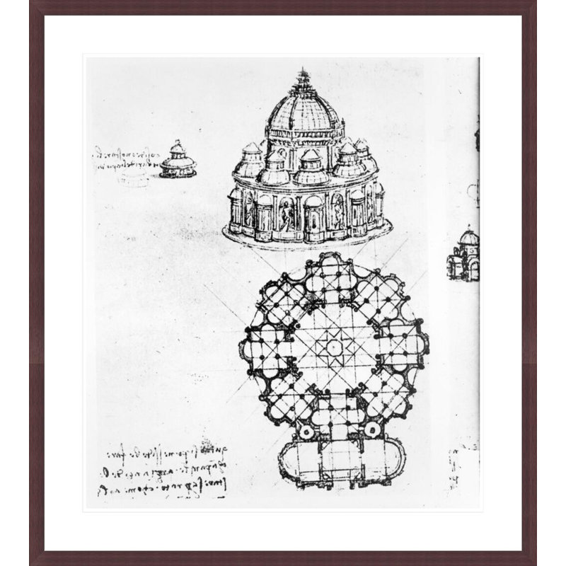 Détail d'une église à  plan central de Léonard de Vinci - Reproduction giclée encadrée, H 37,32 po x l 33,5 po