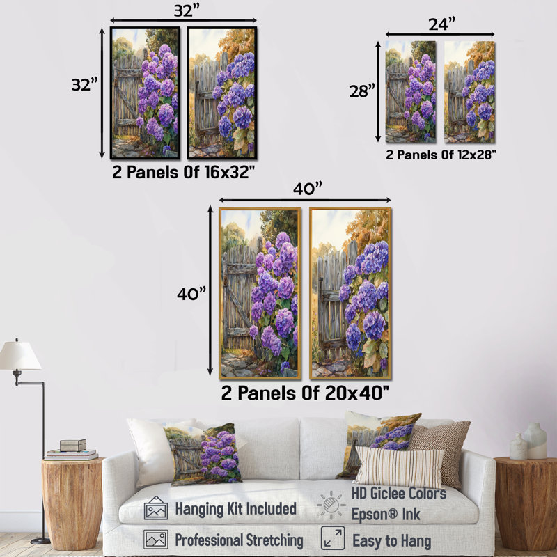 Hortensias d'été par The Farm Fence I - impressions sur toile florales 2 panneaux, H 32 po x l 33 po, Cadre crème crème