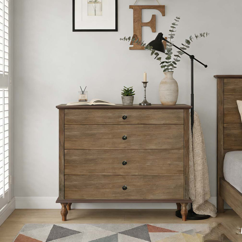 Large 4-Drawer Chest with Solid Wood Foot, Deep Rustic Brown