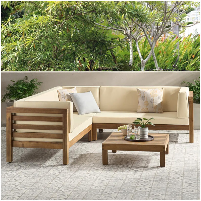 Ensemble de conversation d'extérieur en bois avec coussins Oana, beige