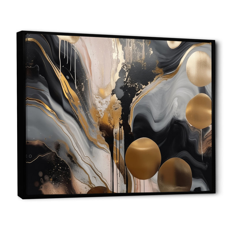 Marbre gris et doré captivant - art abstrait sur toile marbrée, Reproduction avec cadre flottant, Noir, H 30 po x l 40 po