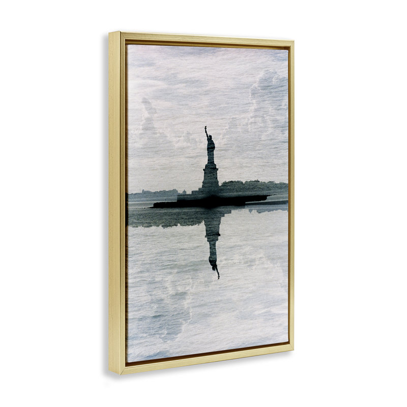 Cadre flottant à réflexion statue de la liberté, design Robin Vandenabeele, H 25 po x l 17 po, Cadre flottant métallique doré