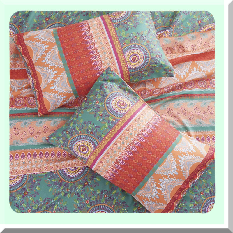 BohoChic Medallion Bedding Set - Full Size 4-Piece Sheets, Deep Pocket Fitted Flat Sheet, Orange Coral Green, Soft Microfiber - Hippie Style