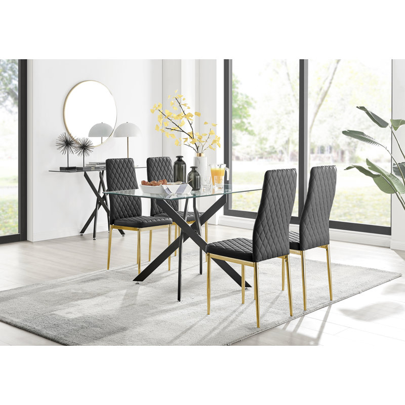 Lenworth Modern Black Metal and Glass Dining Table Set with 4 Luxury Faux Leather Dining Chairs, Black/Gold