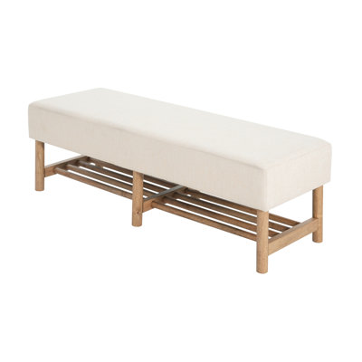 Rectangular Upholstered Linen Fabric Ottoman Bench, Solid Wood Legs (old sku N757P296699I)