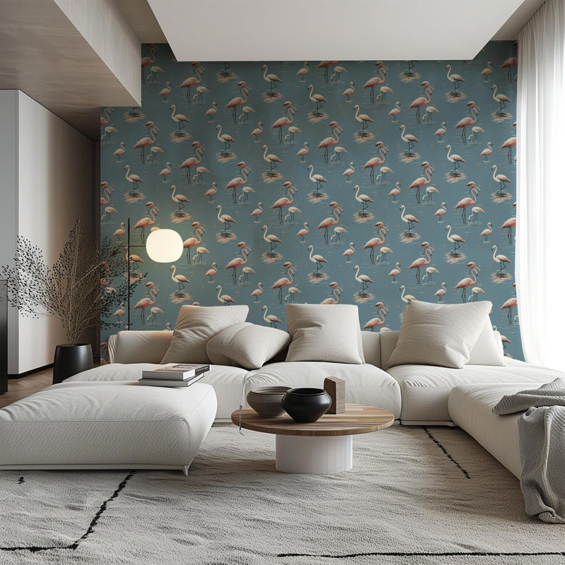 Flamingo - Coastal Blue Wallpaper, Blue, Self-adhesive