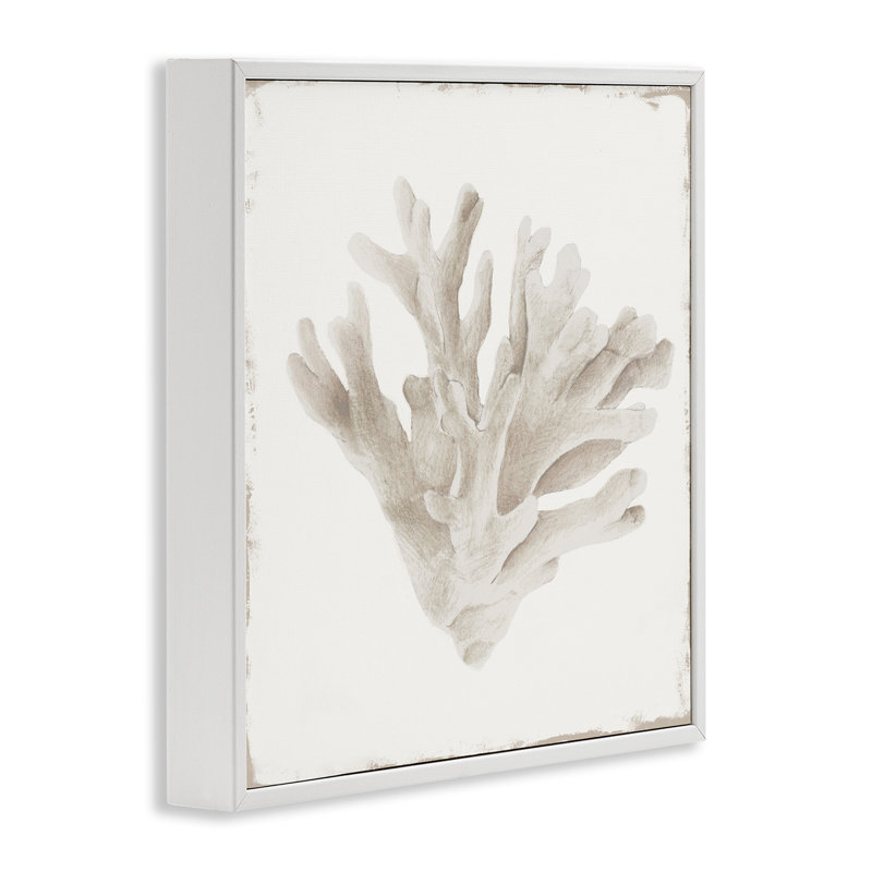 Sandy Coral Drift, giclée encadrée, design par Lily K., H 17 po x l 17 po, Estampe numérique encadrée blanc bord de mer