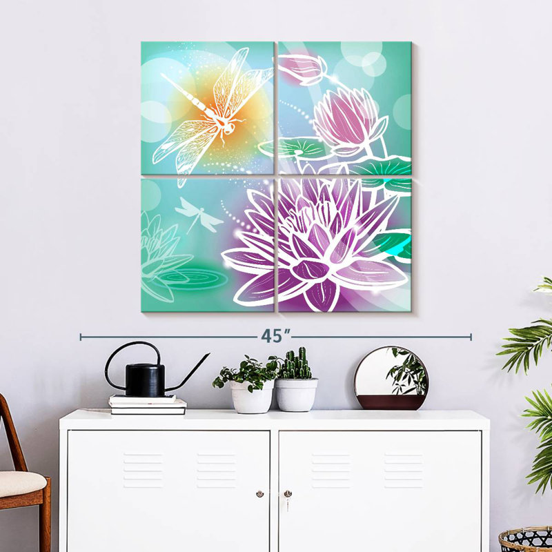 Harnek fleurs de lotus et libellules, H 32 po x l 32 po