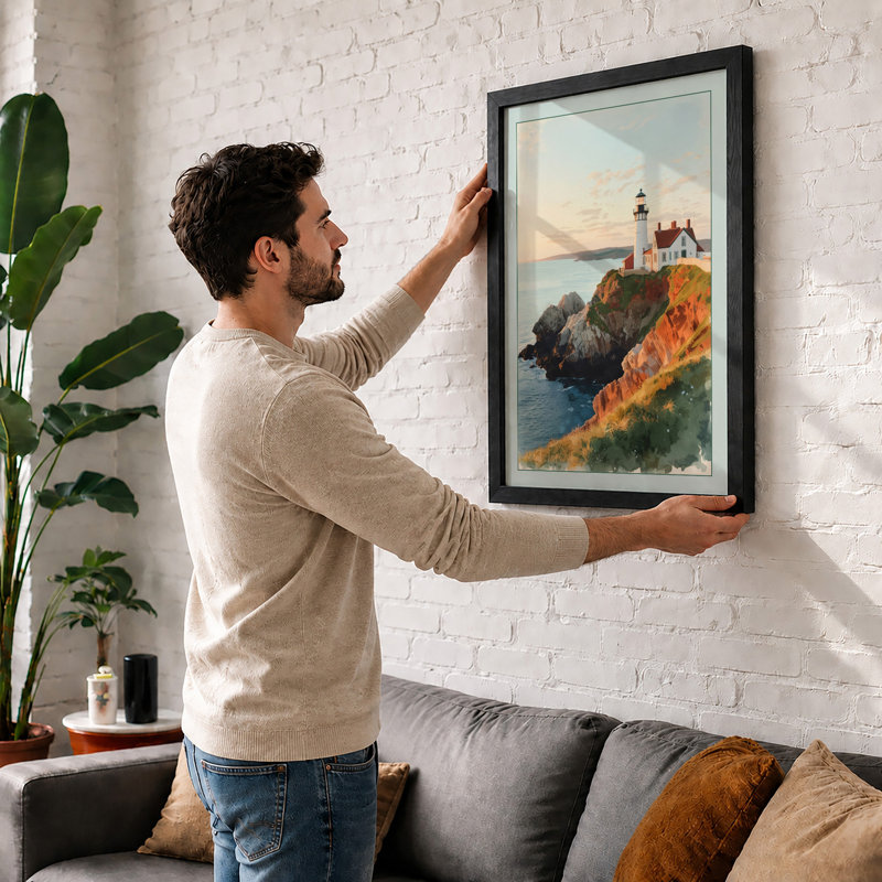 Lighthouse at Dawn Coastal - Framed Print, A2 - 59.4 x 42.0 cm, White