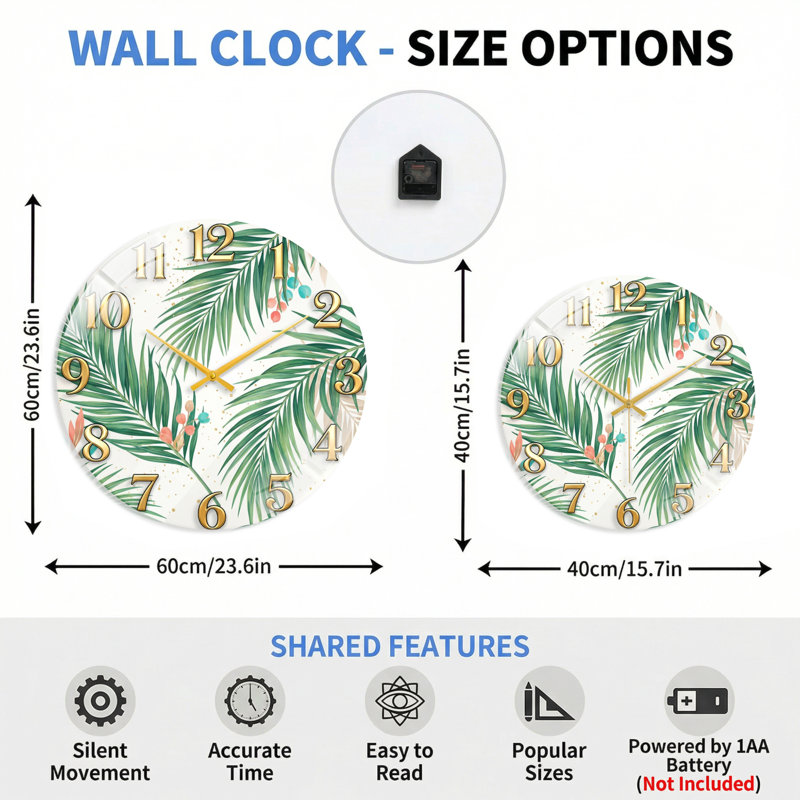 "Tropical Leaves", horloge murale en verre, 60 x 60 cm (23,6 x 23,6 pouces)