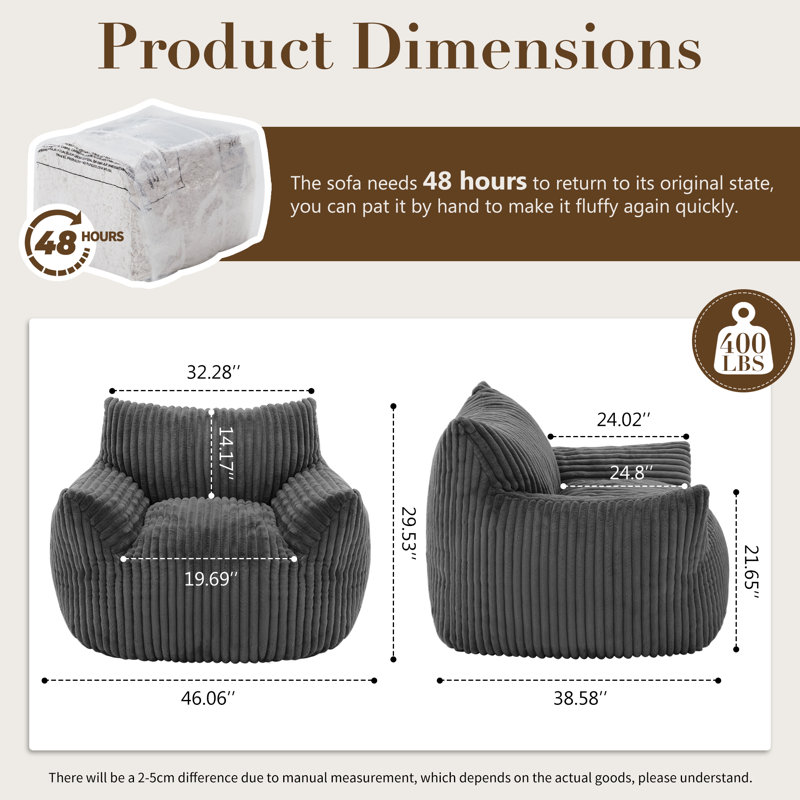 Bean bag chair comes with a spacious size, corduroy loveseat., Dark Grey Cotton Blend
