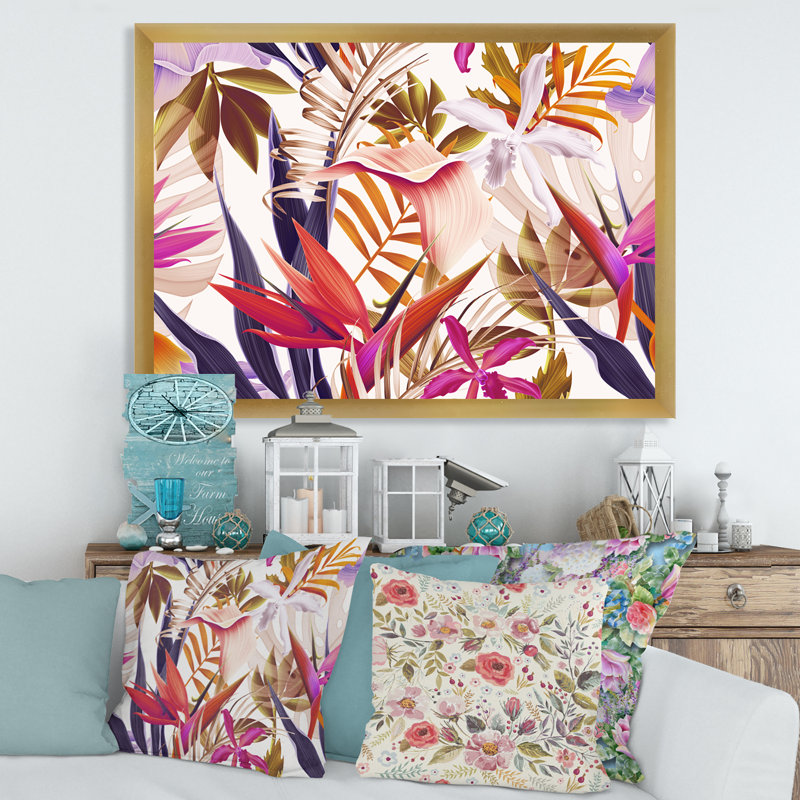 Fleurs tropicales rétro IV - Impression sur toile, H 24 po x l 32 po x P 1 po, Cadre doré