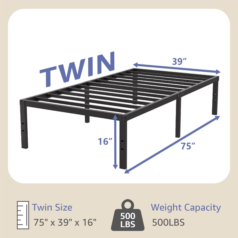  Base de lit plateforme en métal noir 16 po Turberville avec support en lattes d'acier, aucun sommier requis, taille simple