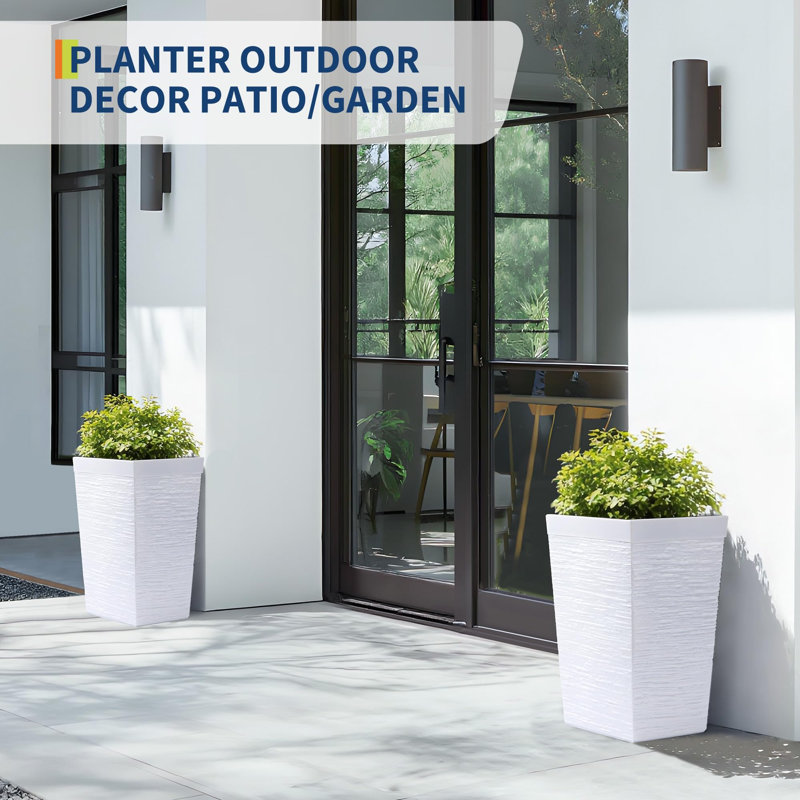 16" Set of 2 Tall Planters with Drainage Holes＆Water Level Monitor for Outdoor＆Indoor, White