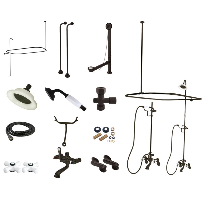 Kingston Brass Vintage Three-Handle 2-Hole Tub Wall Mount Clawfoot Tub Faucet Package with Shower Enclosure and Hand Shower