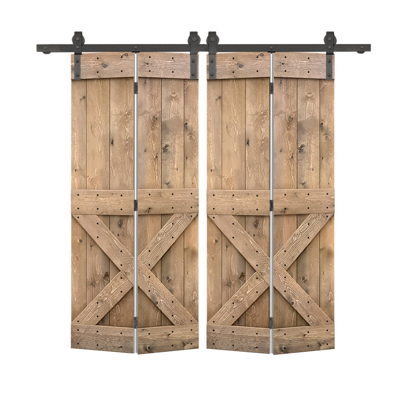 Porte de grange en bois 84 pliable avec trousse de quincaillerie d'installation, 44 po x 84 po, Brun clair