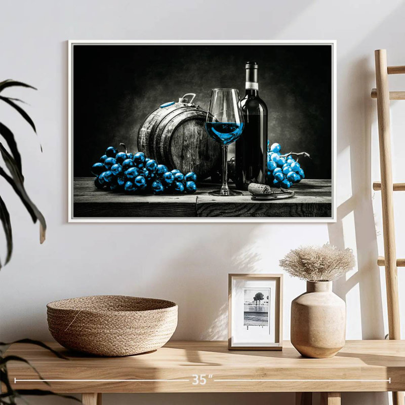 Vin et raisins - bleu éclatant, Cadre flottant blanc, 25 po x 17 po