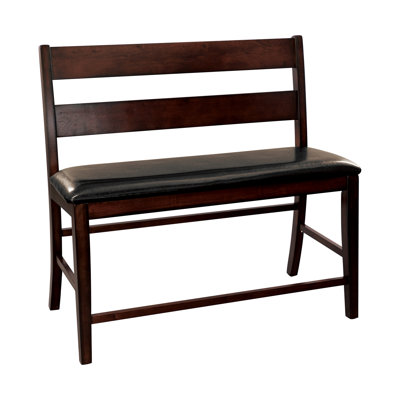 Transitional Dining Counter Height Bench - Cherry Finish, Wood, Dark Brown Faux Leather Upholstered Seat With Graceful Finish Wooden Frame, For Modern