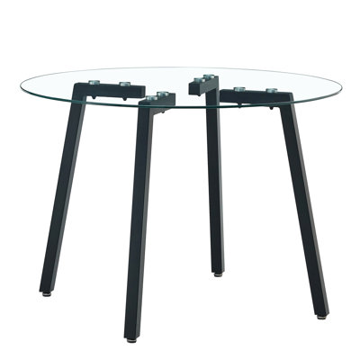 Modern simple style round transparent tempered glass table, tempered glass table top, black metal legs, suitable for kitchen, dining room and living room, 42 "*42" *29.5 "1123r