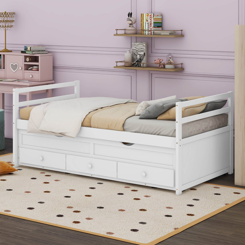 Lit de jour simple en bois avec 3 tiroirs de rangement, lit gigogne Makemson, Blanc