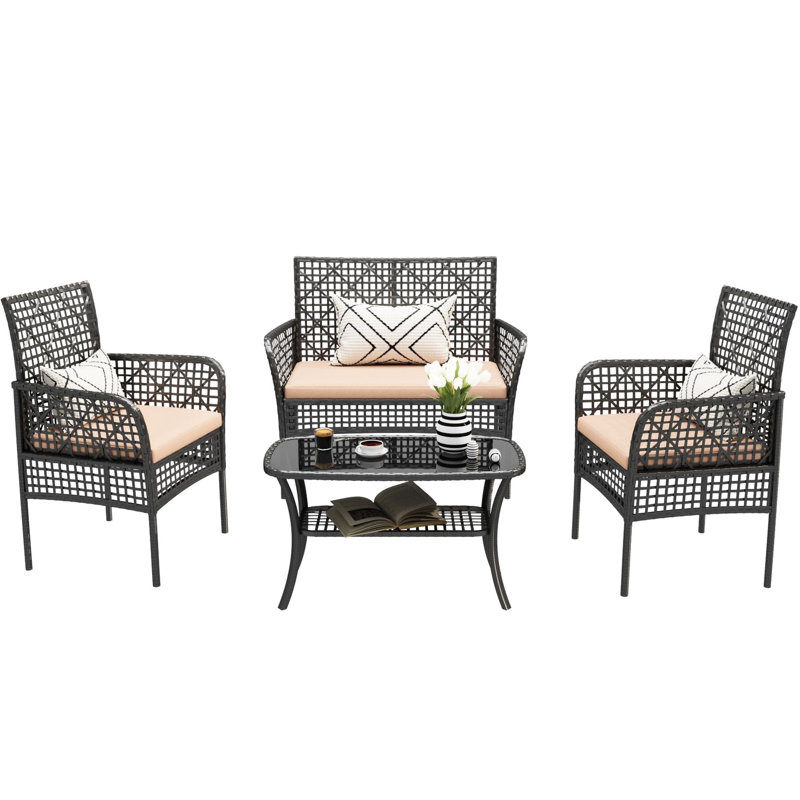 Ensemble complet de détente au bord de la piscine - 4 pièces avec table en PE, coussins et verre trempé, Beige