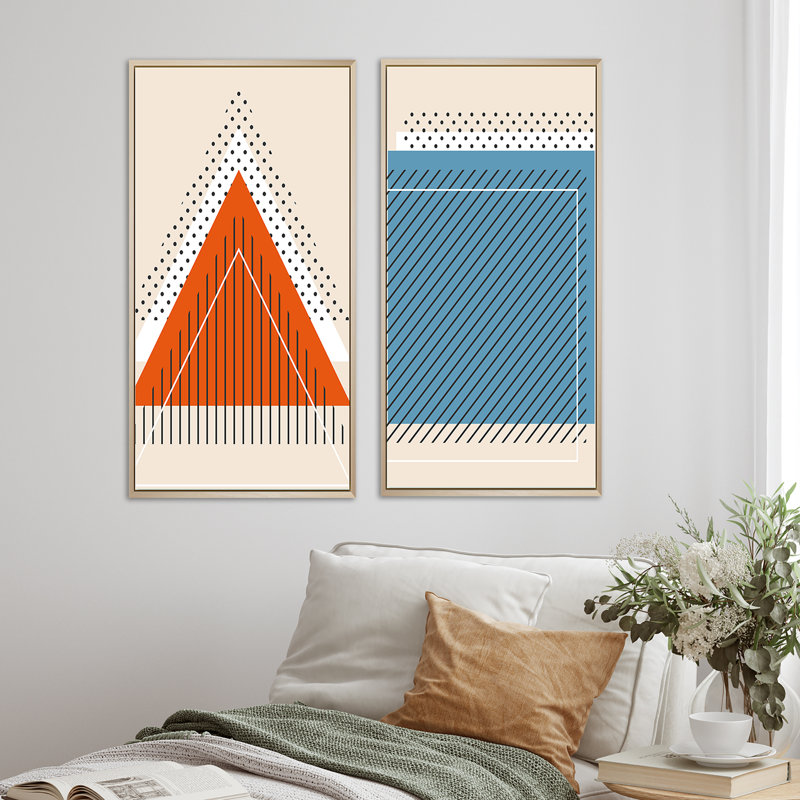Minimal 20S Bauhaus Geometric VI - ensemble de 2 peintures, H 40 po x l 40 po x P 1,5 po, Cadre brun