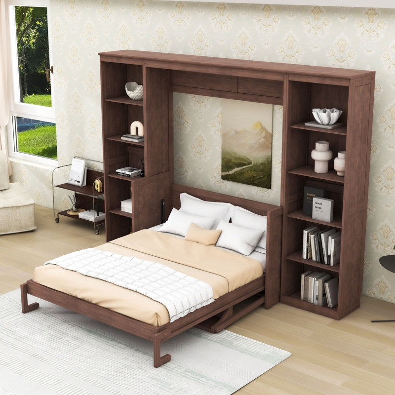 Lit escamotable avec bureau intégré et tablettes pour espaces de vie compacts, Double, Brun foncé