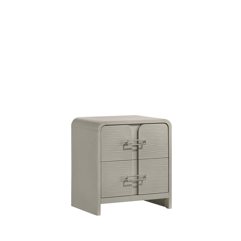Table de chevet 2 tiroirs Aria Modern avec façade texturée, poignées en métal et système de roulement à billes au fini amande