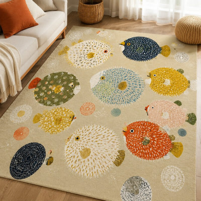 1Pcs Whimsical Pufferfish Design - Artistic Print Carpet, Washable & Easy Clean, Large Thin Floor Rug, Non-Slip Backing, for Living Room, Bedroom, Kitchen, Playroom Indoor Use for home detor