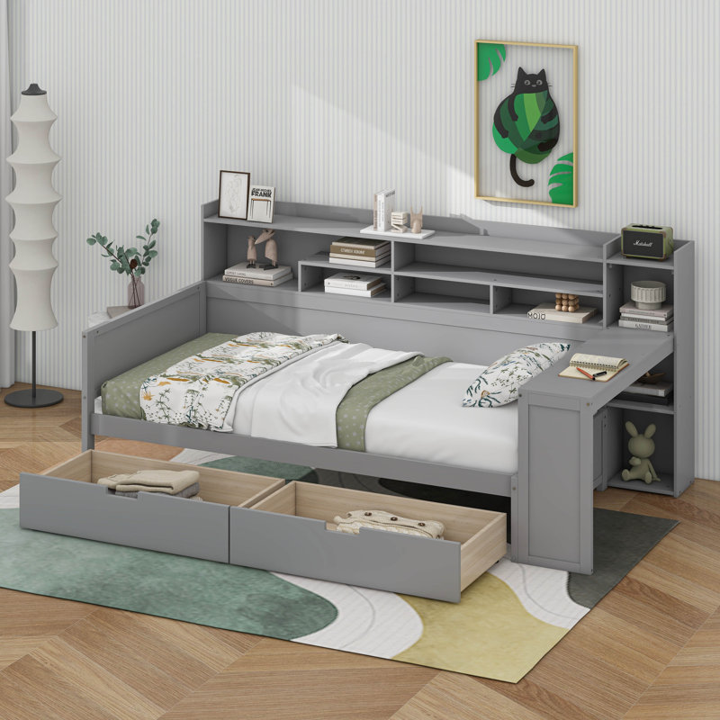 Lit de jour en bois avec tablettes de rangement, lit multifonctionnel avec deux tiroirs de rangement et bureau d'étude