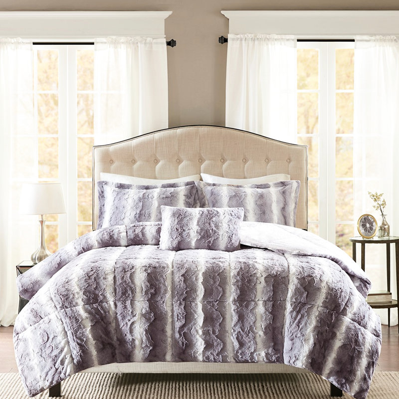 Coussin en fausse fourrure gris double / double, Édredon double + 4 pièces supplémentaires, Gris