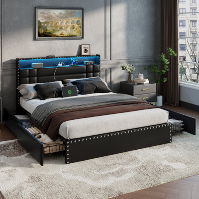 Bed Frame with 4 Underbed Drawers and Open Storage Headboard, Upholstered Platform Bed with Adjustable LED Light and Charging Station, No Box Spring Needed