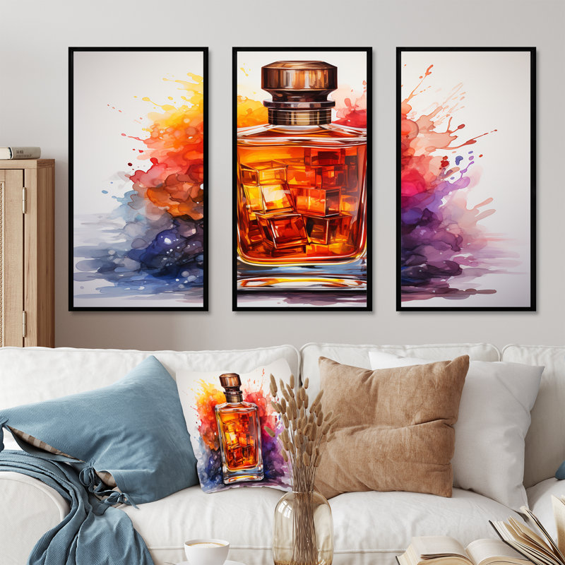 Orange orange bouteille de parfum 1 - Parfums, art mural, H 28 po x l 36 po, Cadre flottant noir