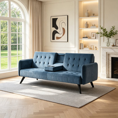 Canapé-lit convertible de 183 cm avec dossier rabattable et tablette porte-gobelet, revêtement en velours gain de place, bleu