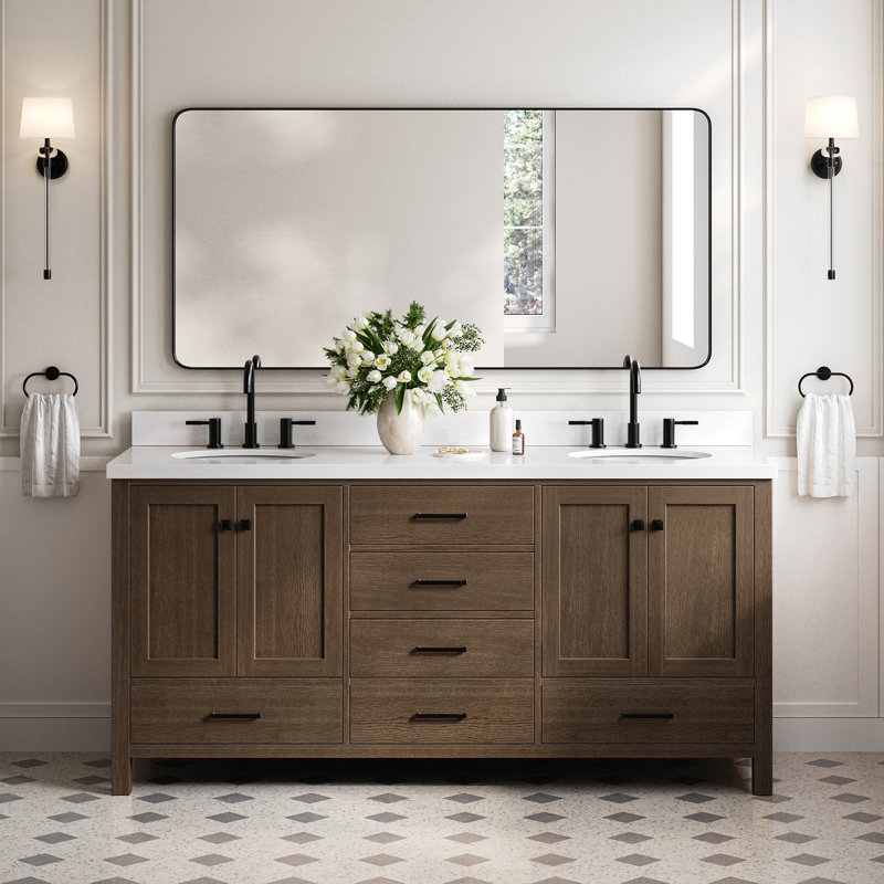Amariani 73" Double Bathroom Vanity Set, Brown Oak, Oval