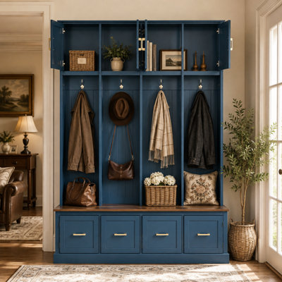 Meuble d'entrée de style champêtre de 150 cm avec banc, armoires de rangement, tiroirs et patères, unité de rangement tout-en-un