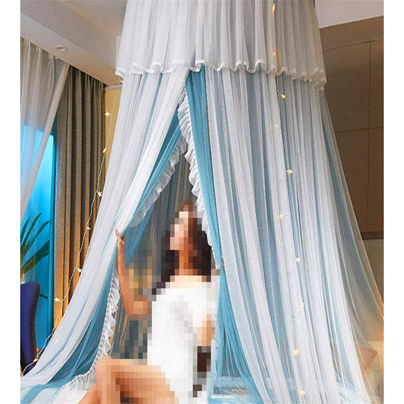 Blue and White Double Layer Princess Bed Canopy with LED Lights