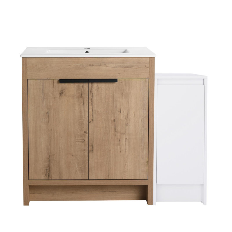 Meuble-lavabo autoportant moderne de qualité supérieure, robuste, durable et avec lavabo en céramique, Blanc lustré, 41"